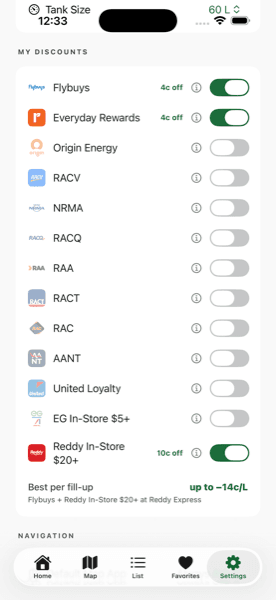FuelWise discount stacking screen showing multiple loyalty programs