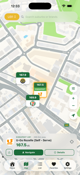 FuelWise map view with branded fuel station pins and the cheapest station highlighted